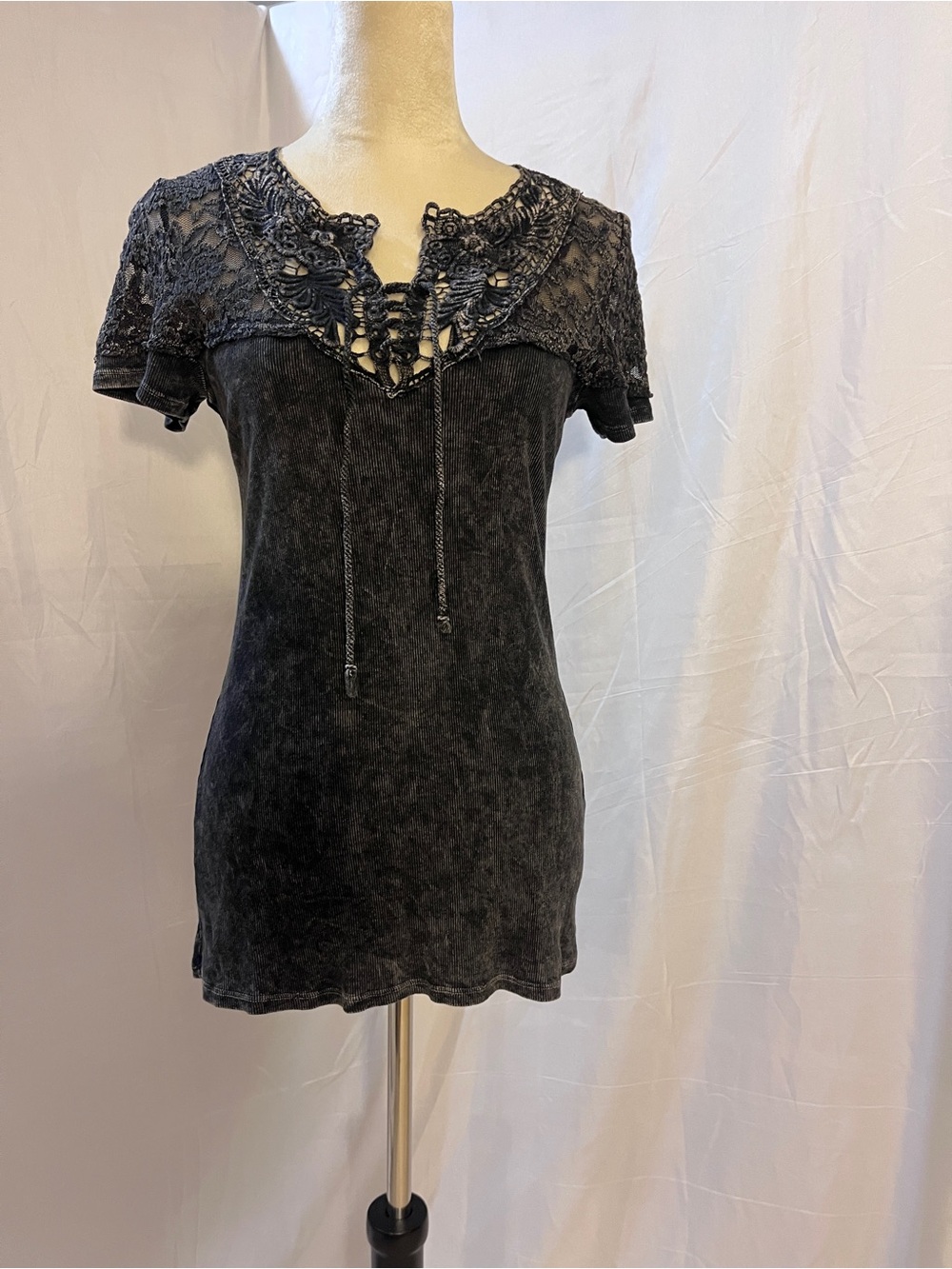 T PARTY Black Lace Yoke Mineral Wash Tunic Top. Flattering fringe on back.